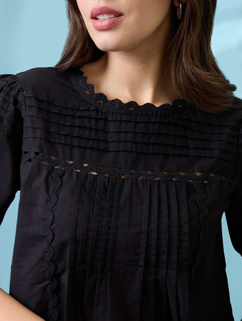 Women Black Round Neck Puff Sleeves Solid Lace Inserts Pleated Top - 21926756 -  Standard Image - 2