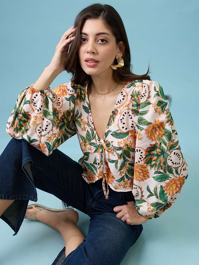 women yellow v-neck bishop sleeves tropical print tie-up detail wrap top