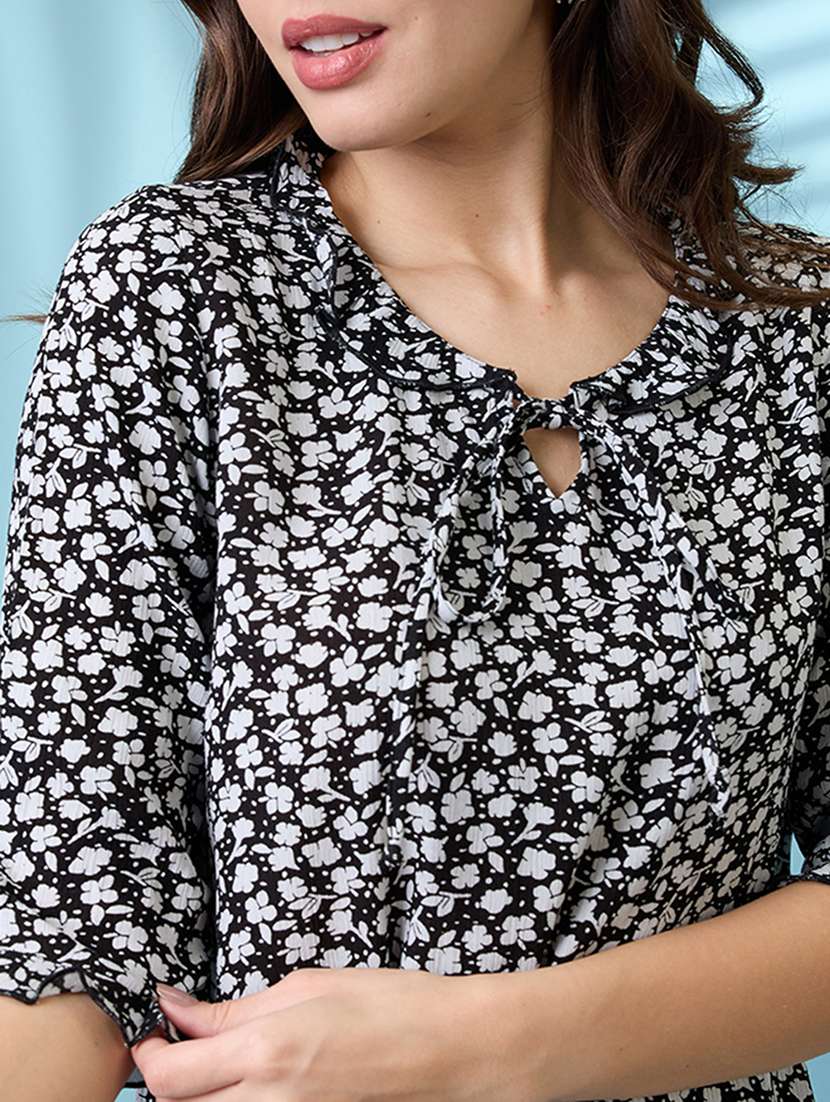 women black tie-up neck floral print frill detail top - 21926759 -  Standard Image - 2