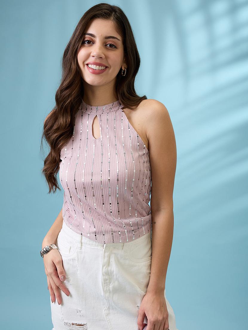 women pink keyhole halter neck sequinned detail party top - 21926762 - Zoom Image - 0