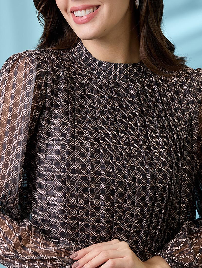 women black high neck bishop sleeves abstract print pleated tie-back detail top - 21926763 - Standard Image - 2