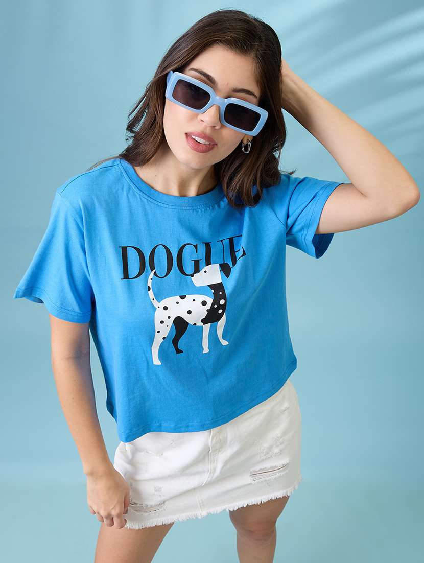 women blue graphic print round neck short sleeves oversized t shirt - 21926768 - Zoom Image - 0