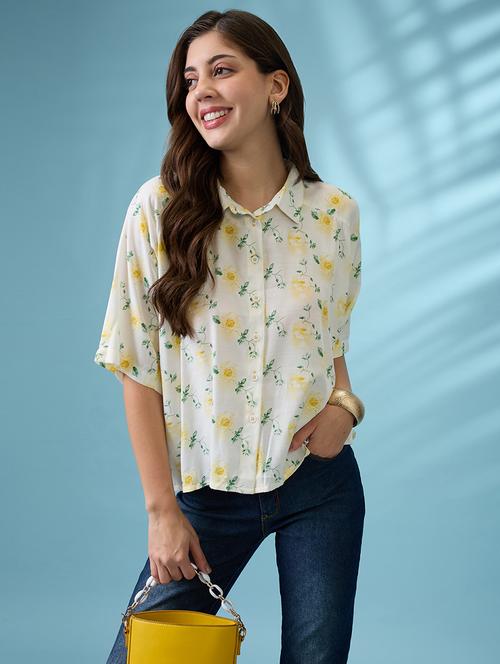 women off white floral print collared neck short sleeves shirt - 21926777 -  Standard Image - 0
