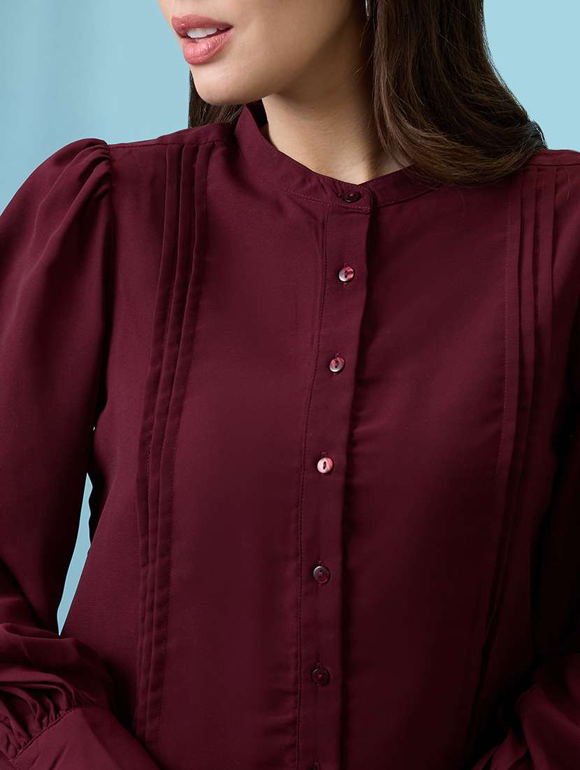 women burgundy pleated mandarin collar cuffed sleeves workwear shirt - 21926778 -  Standard Image - 2