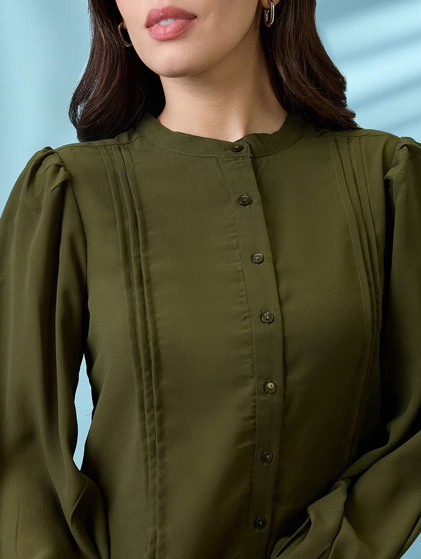 women green pleated mandarin collar cuffed sleeves workwear shirt - 21926779 -  Standard Image - 2