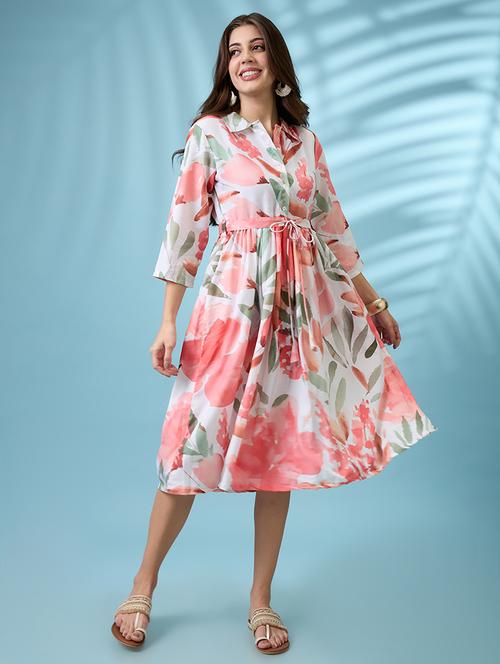 women white floral print shirt collar gathered fit and flare midi fusion dress with belt - 21926783 -  Standard Image - 0