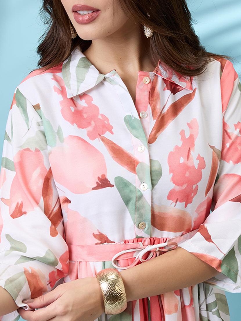 women white floral print shirt collar gathered fit and flare midi fusion dress with belt - 21926783 - Standard Image - 2