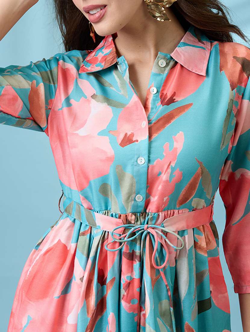 women green floral print shirt collar gathered fit and flare midi fusion dress with belt - 21926784 -  Standard Image - 2