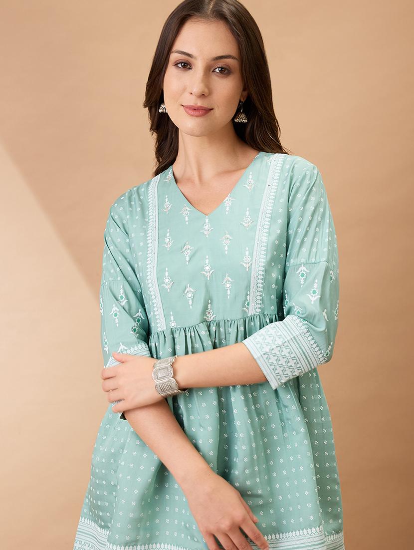 women green ethnic print v-neck sequinned detail gathered tunic 