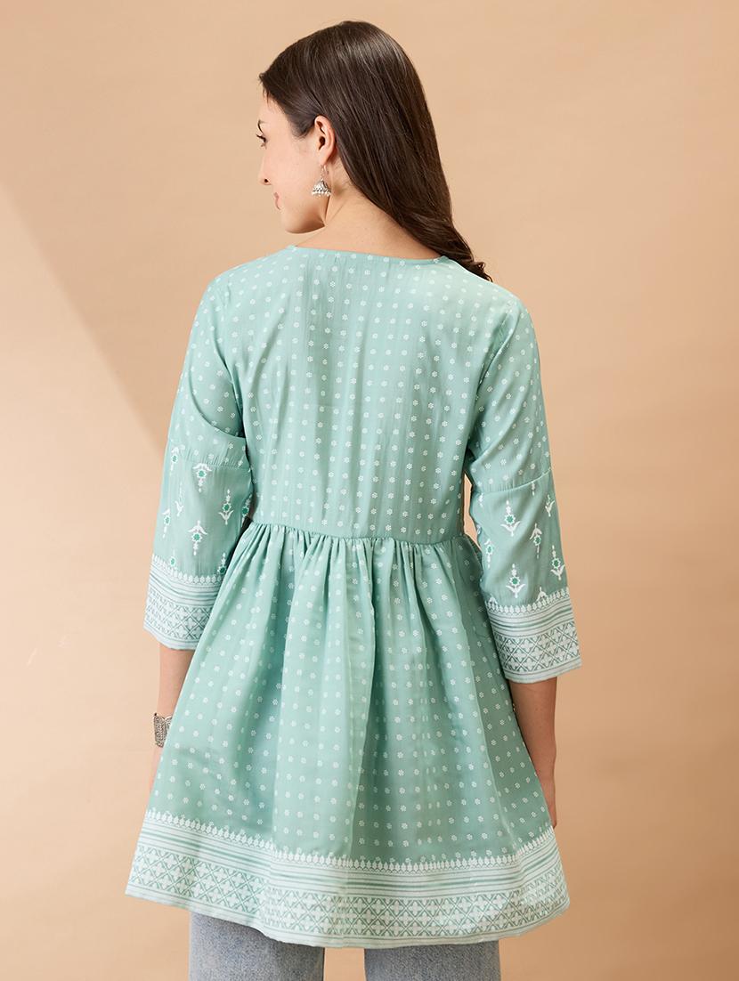 women green ethnic print v-neck sequinned detail gathered tunic - 21926785 - Standard Image - 2