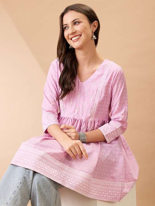 women pink ethnic print v-neck sequinned detail gathered tunic 
