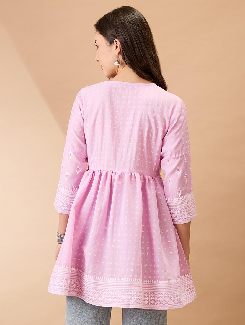 women pink ethnic print v-neck sequinned detail gathered tunic - 21926786 - Standard Image - 2