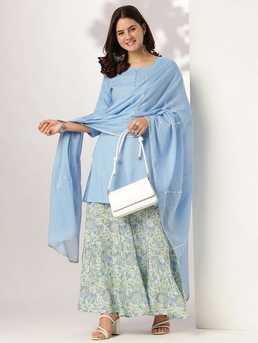 women three quarter sleeve kurta sharara with dupatta set