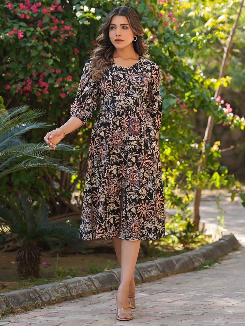 women printed puff sleeves fit & flare dress