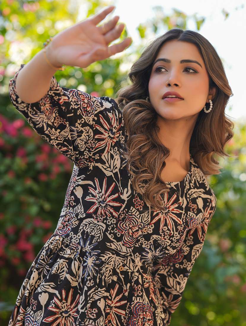 women printed puff sleeves fit & flare dress - 21926846 - Standard Image - 7