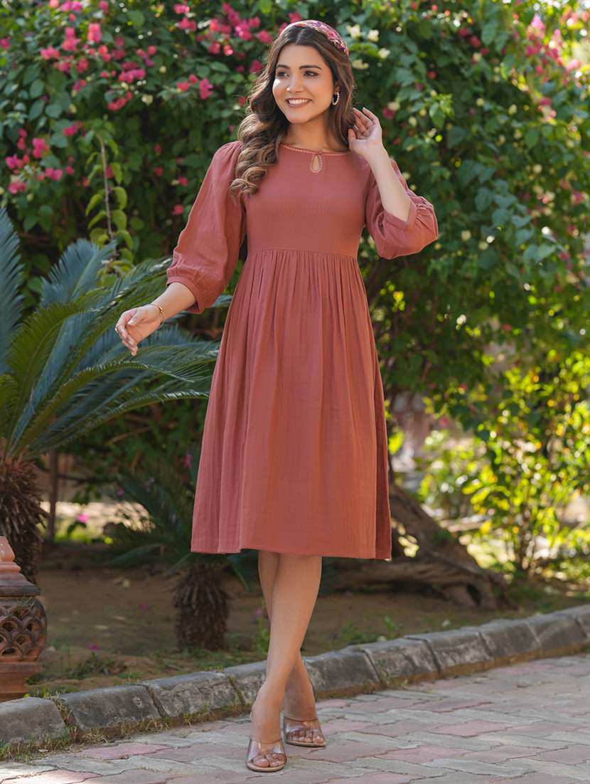 women solid puff sleeves fit & flare dress