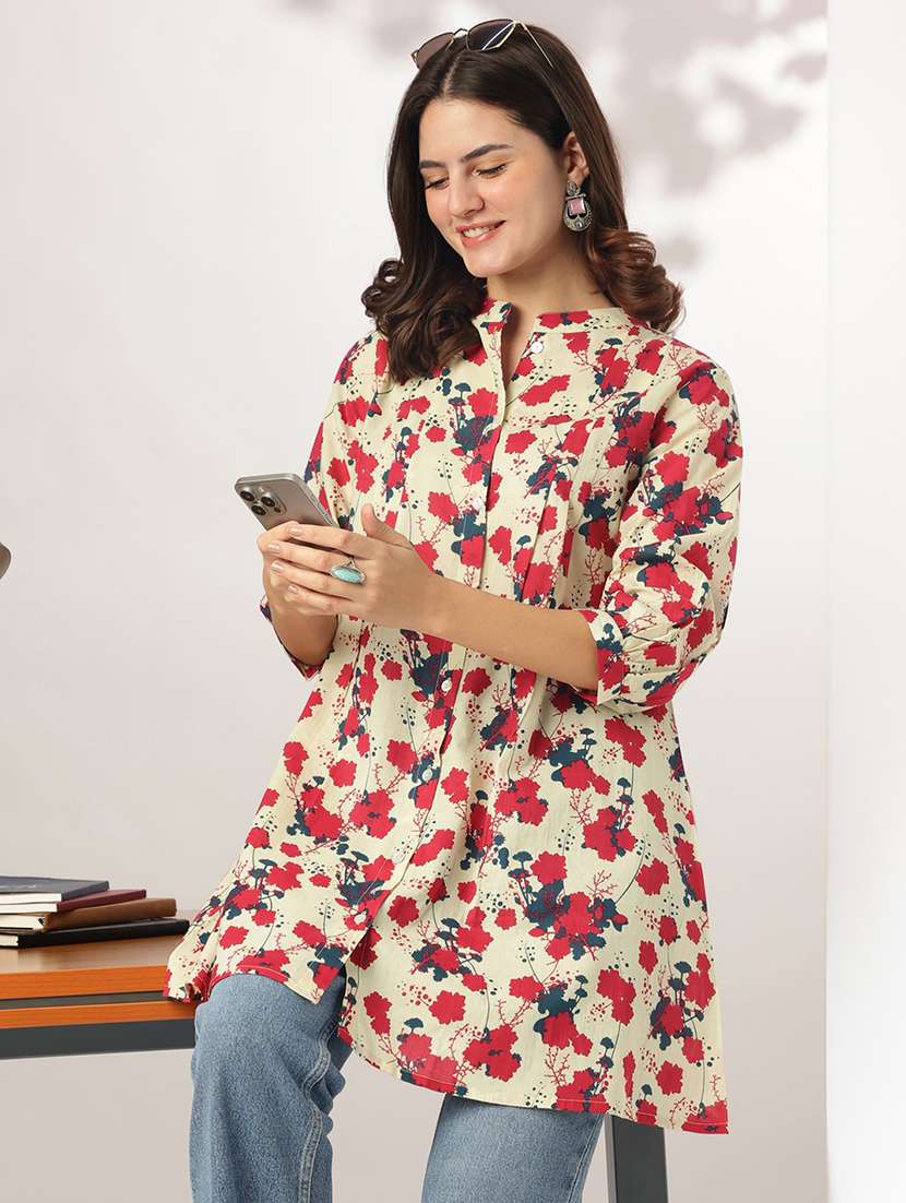 women printed mandarin neck a-line kurti