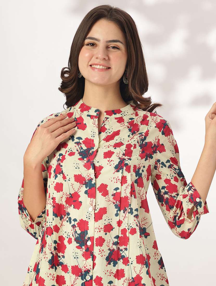 women printed mandarin neck a-line kurti - 21926852 - Standard Image - 2