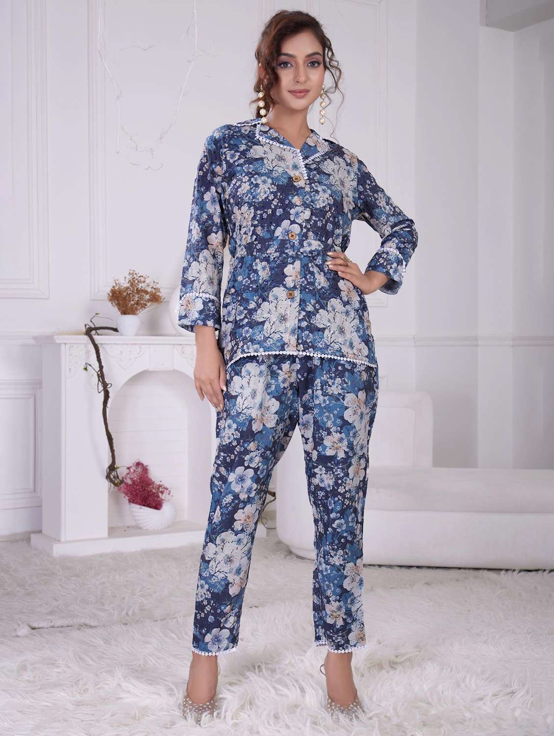 women printed long sleeve ethnic co-ord set