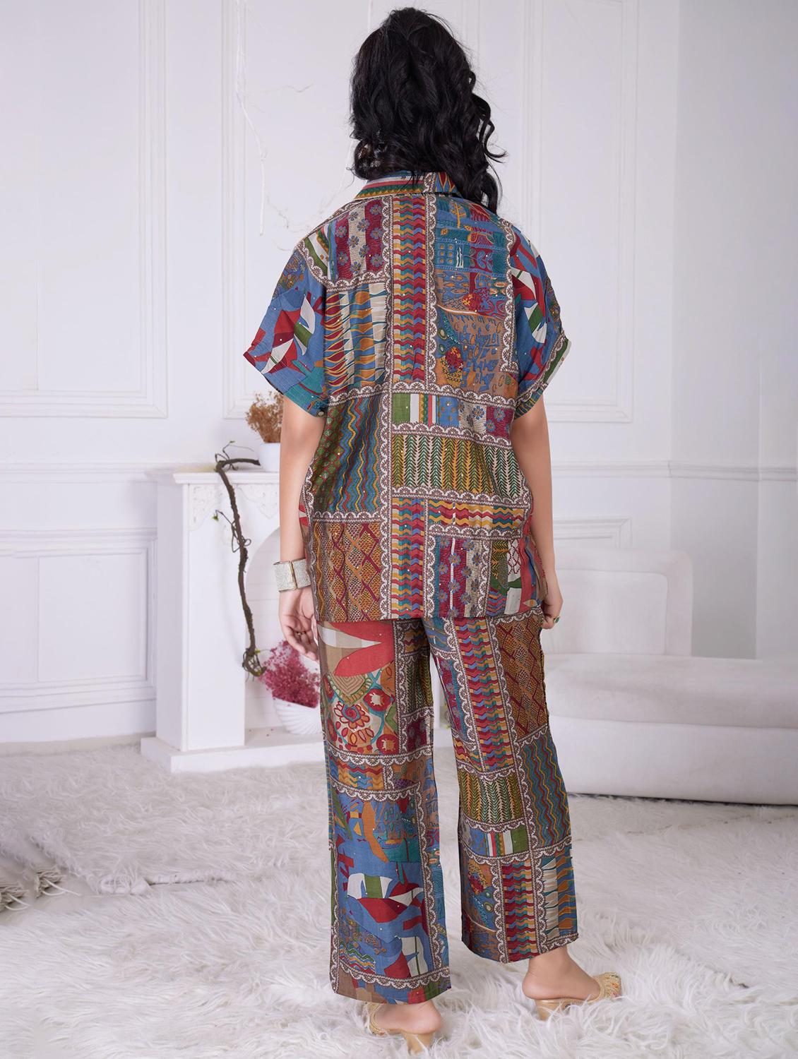 women printed short sleeve shirt & trouser co ord set - 21927944 - Standard Image - 2