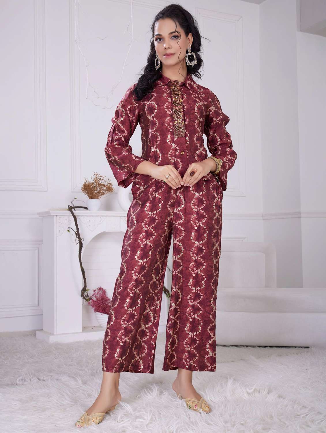 women printed long sleeve ethnic co-ord set