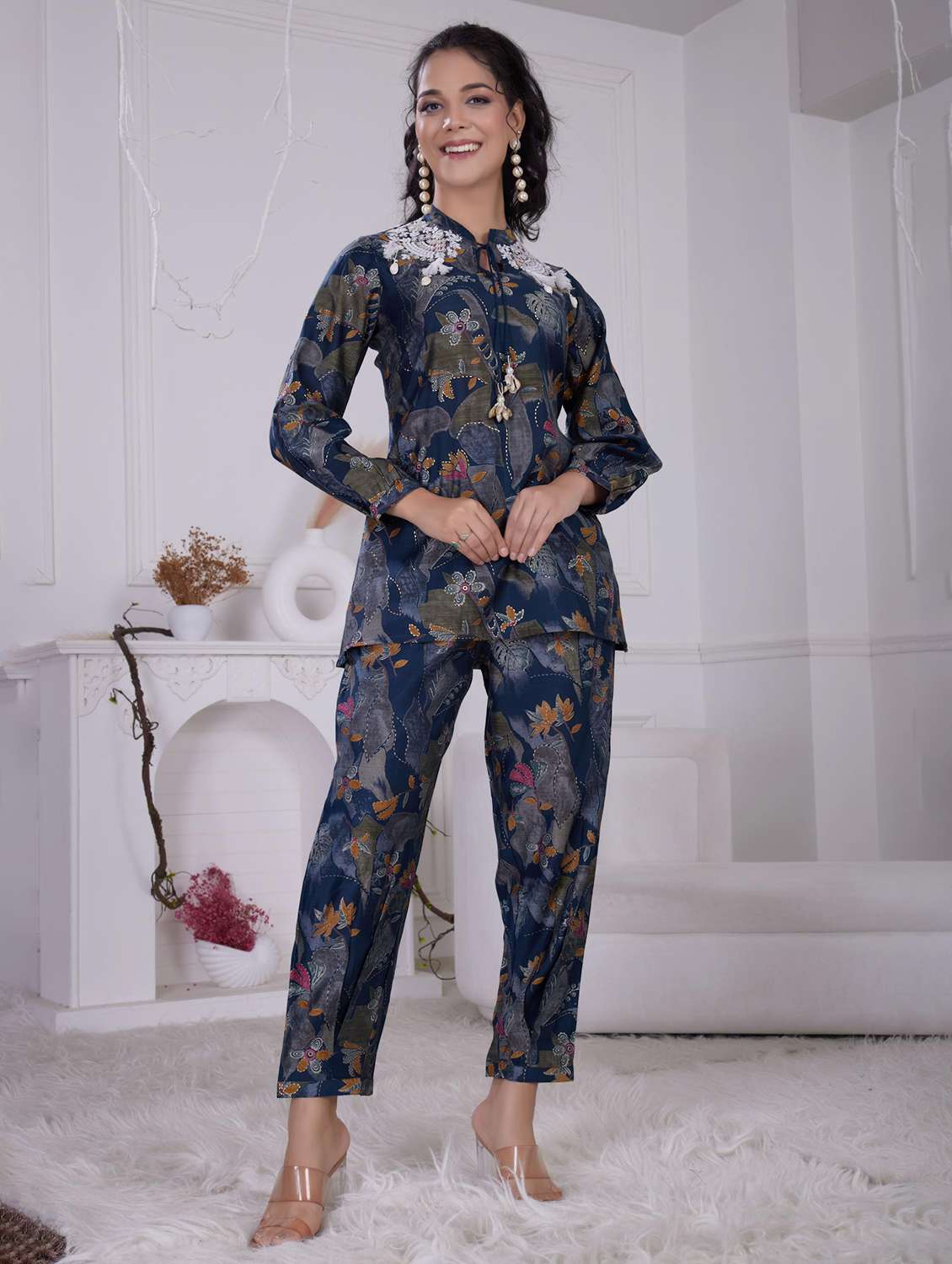 women printed long sleeve ethnic co-ord set