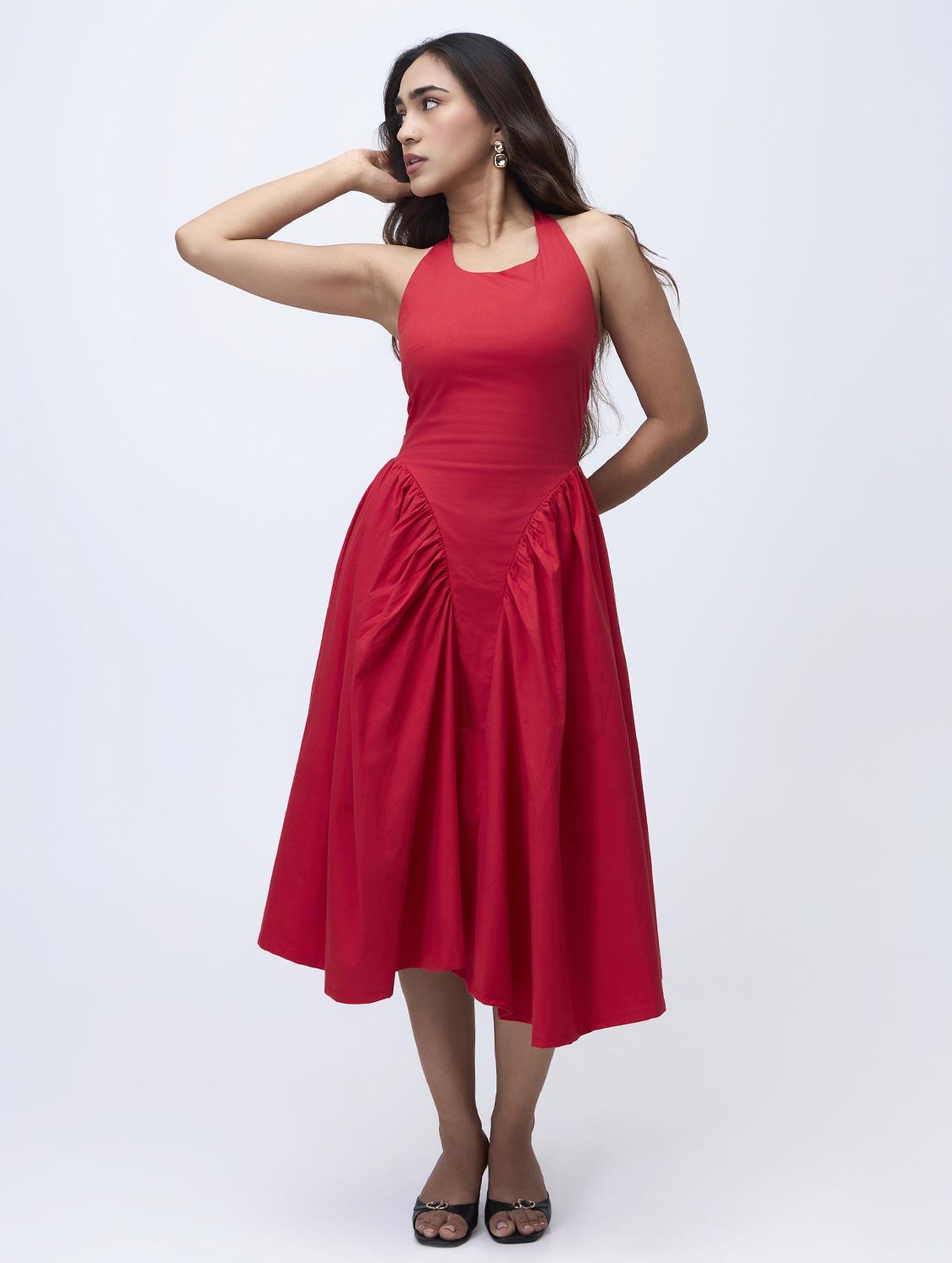 women solid halter neck fit & flared dress - 21928226 - Zoom Image - 0