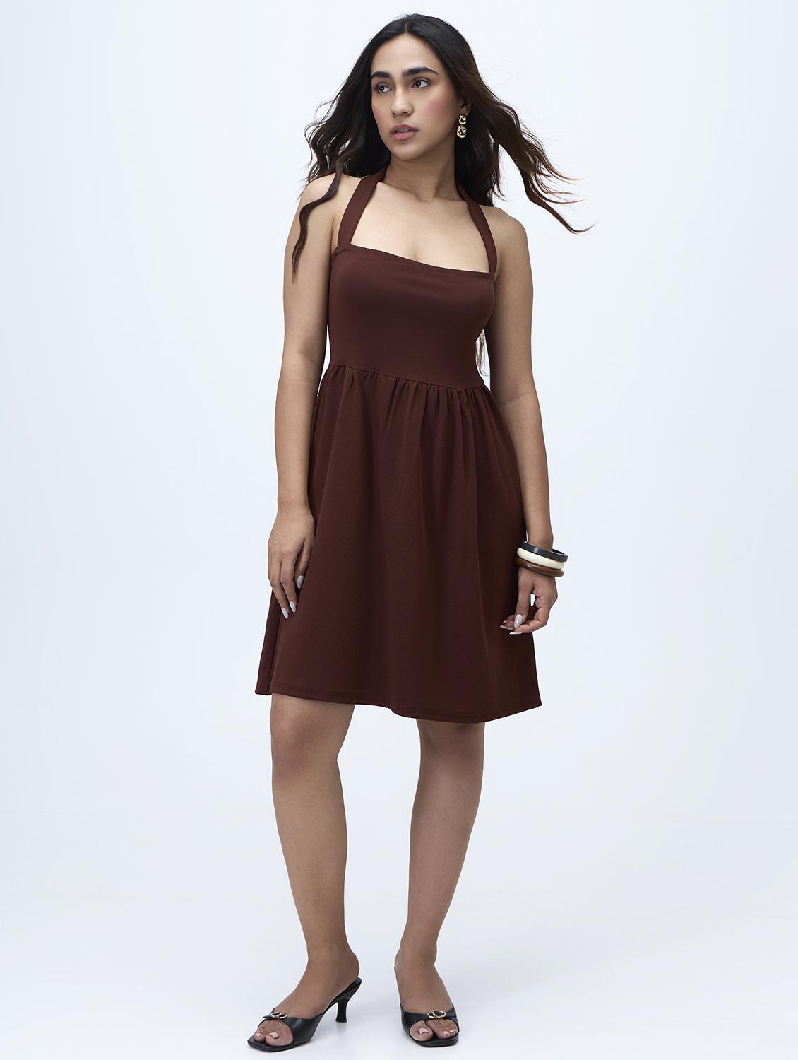 women solid halter neck fit & flared dress - 21928233 - Zoom Image - 0