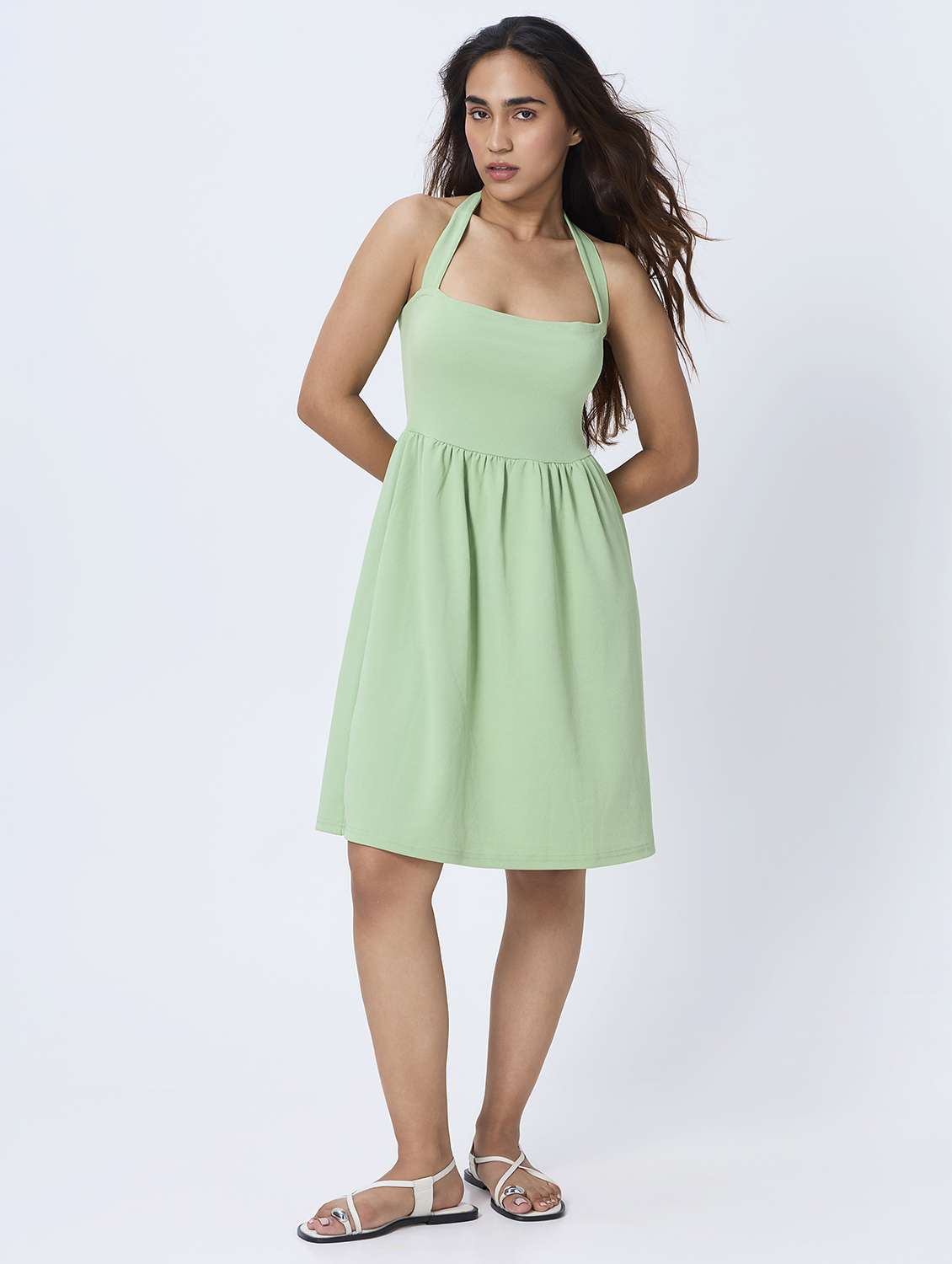 women solid halter neck fit & flared dress - 21928234 - Zoom Image - 0