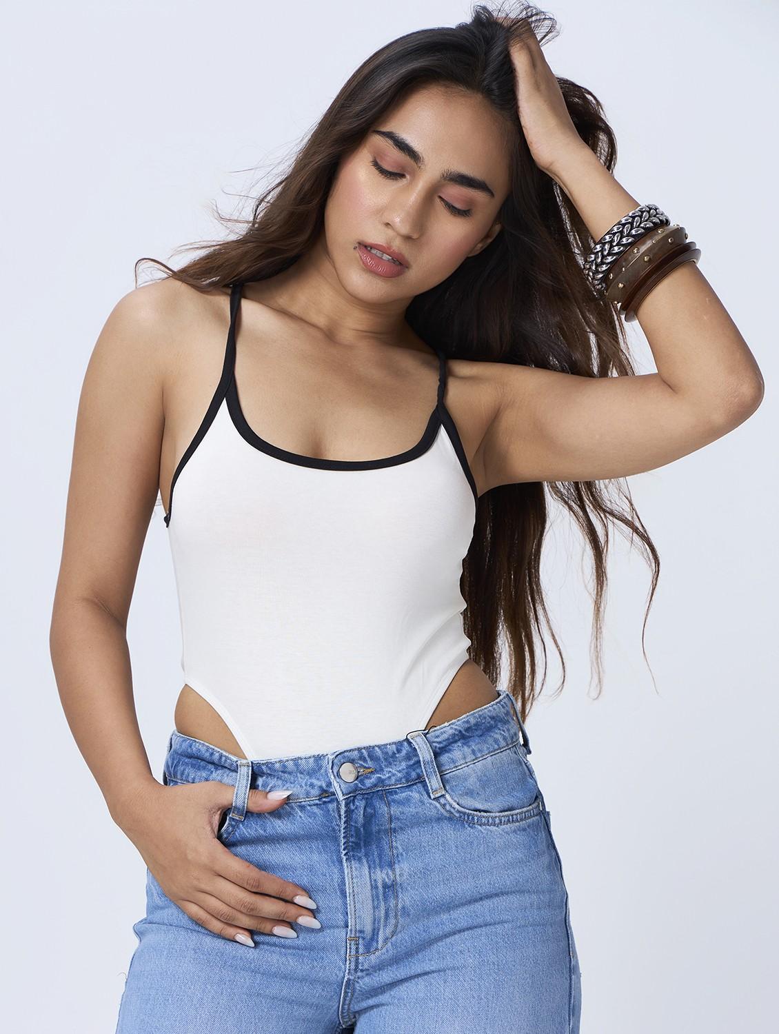 women solid shoulder strap bodysuit top - 21928242 - Zoom Image - 0
