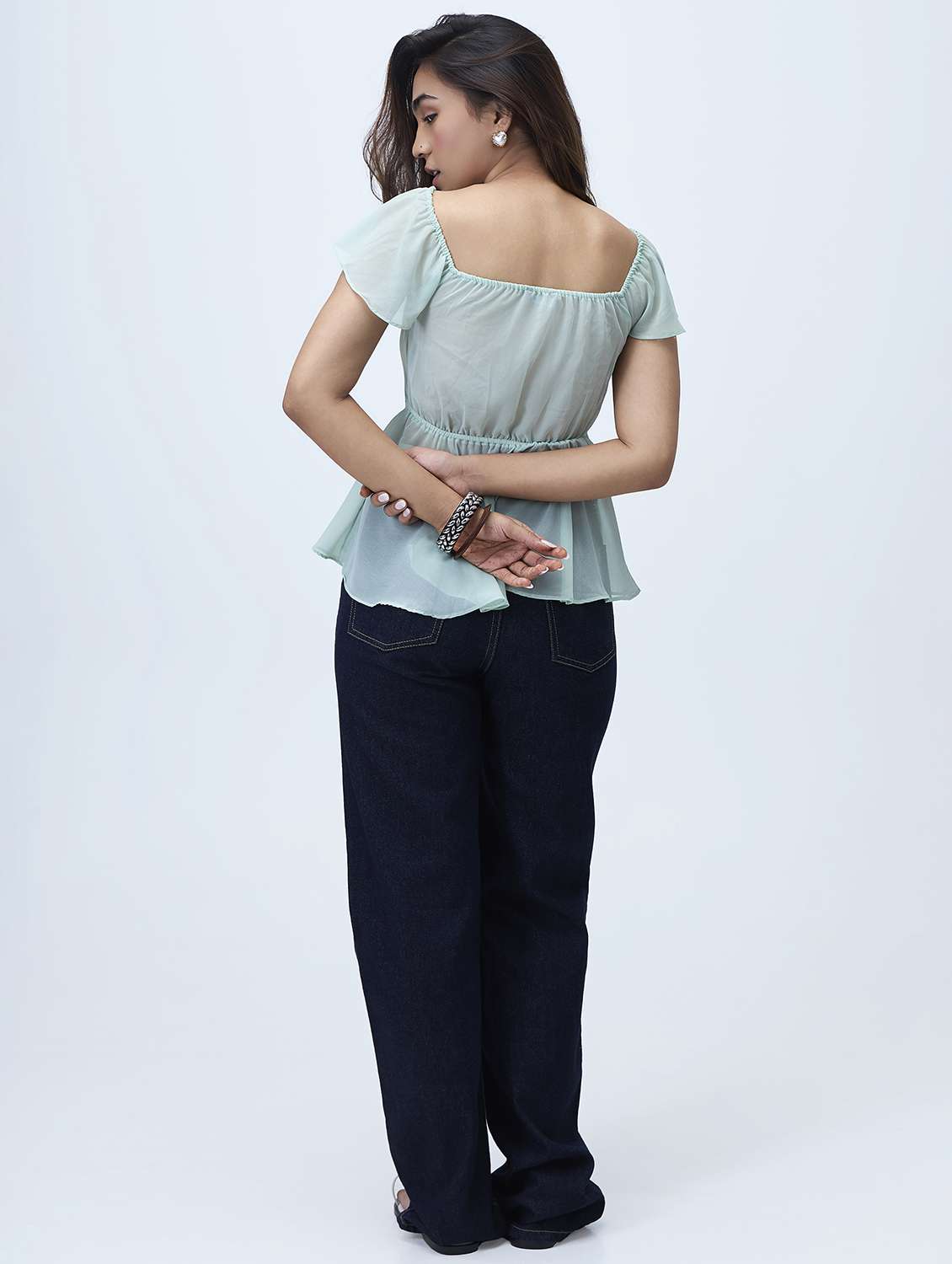 women solid puff sleeves peplum top - 21928246 - Standard Image - 2
