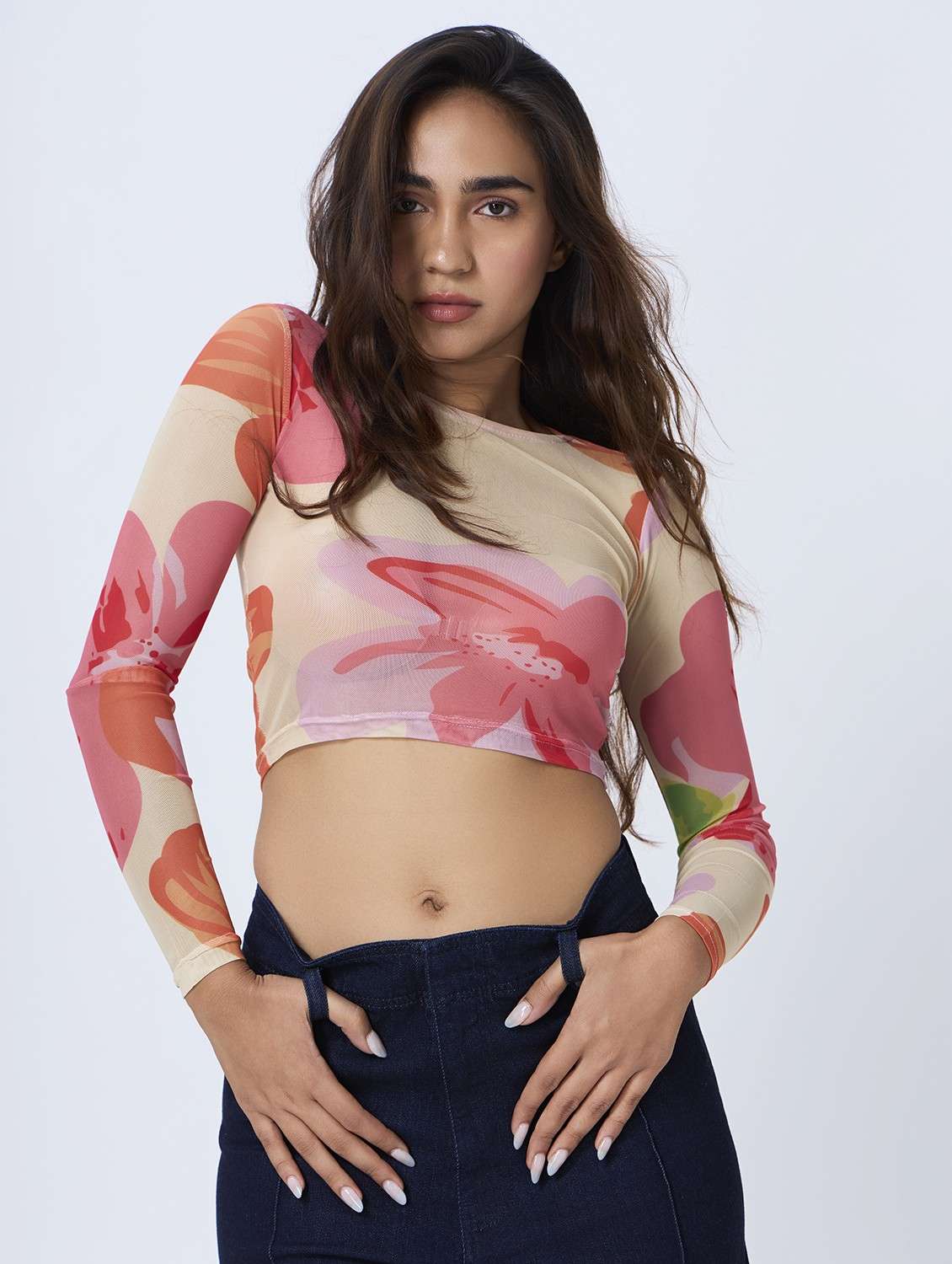 women floral printed long sleeves crop top