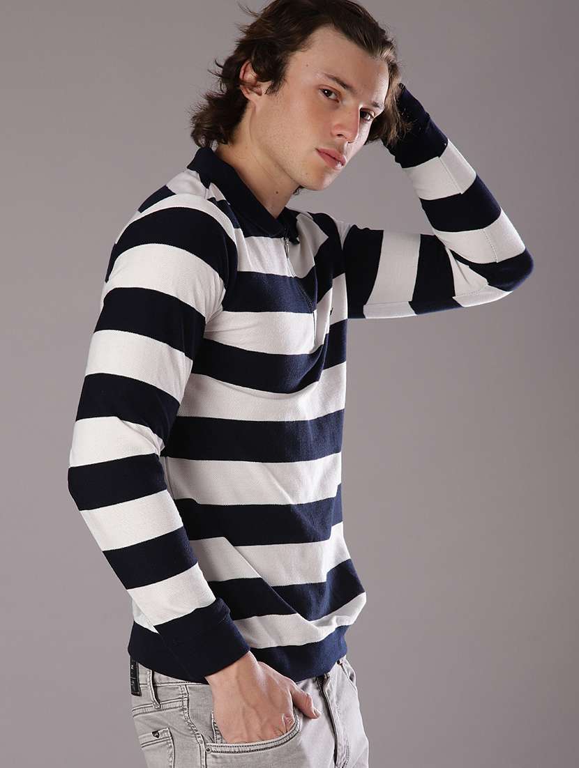 Men Striped Long Sleeve Regular Fit Polo T Shirt