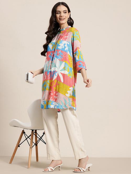 women printed three quarter sleeve side slit kurta - 21928498 -  Standard Image - 0