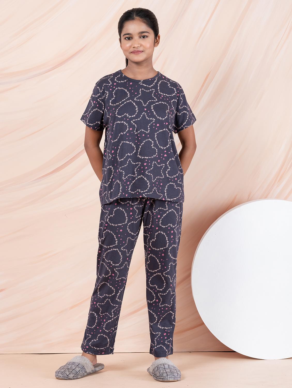 girls printed round neck pyjama set nightwear