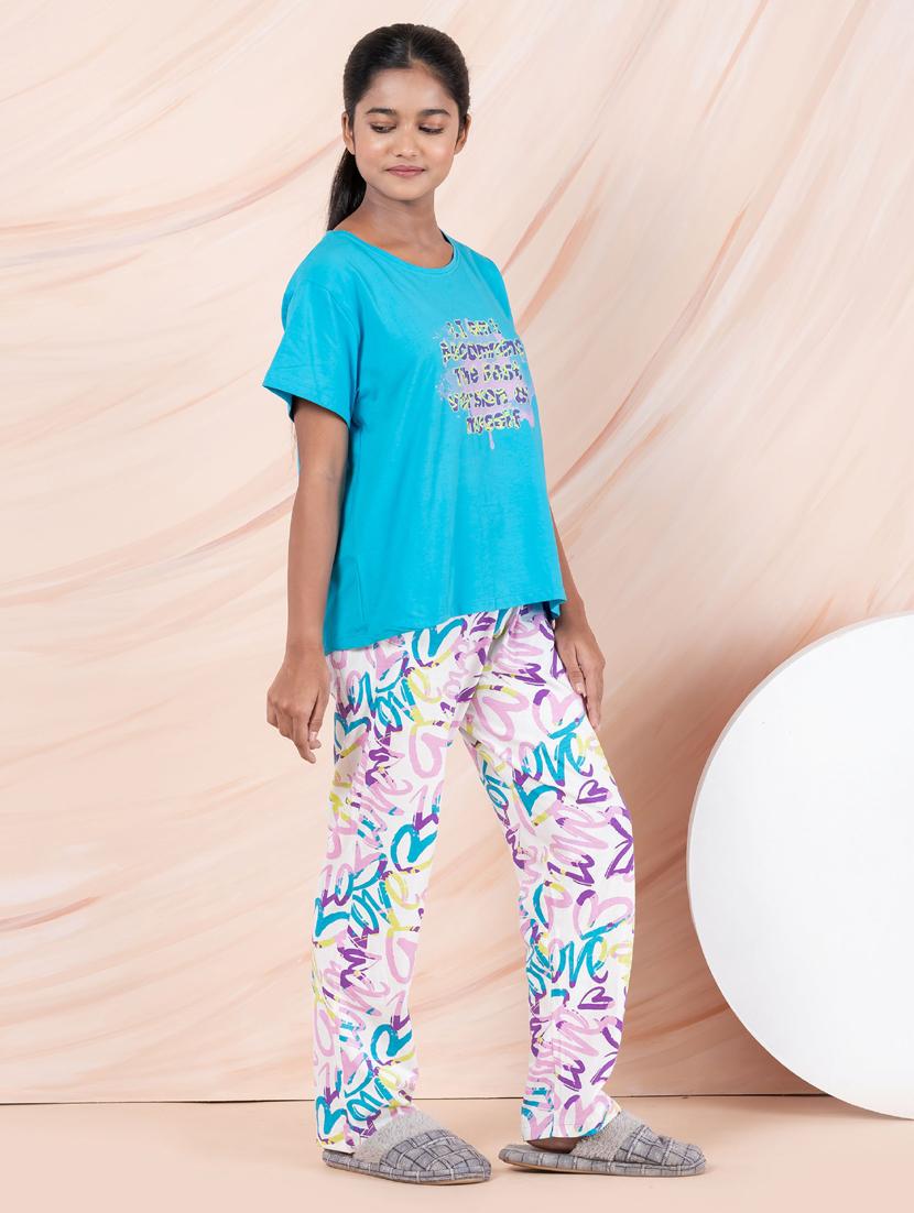 girls blue printed round neck pyjama set nightwear - 21928544 - Standard Image - 2