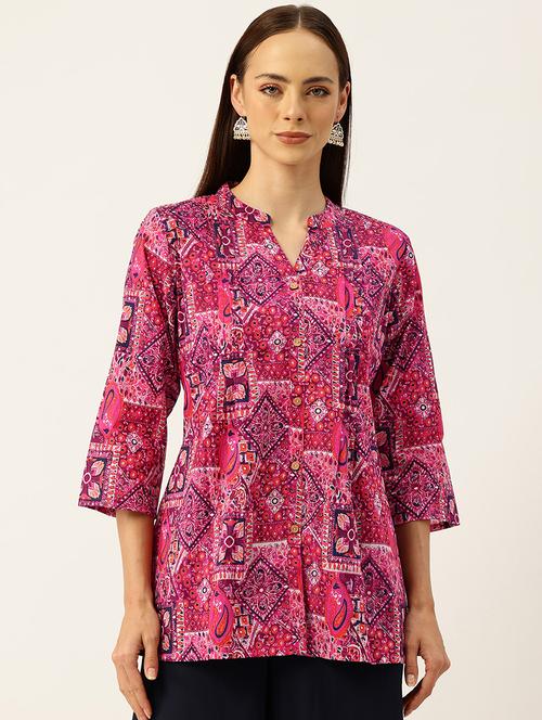 women printed mandarin neck short kurti - 21930272 - Standard Image - 0