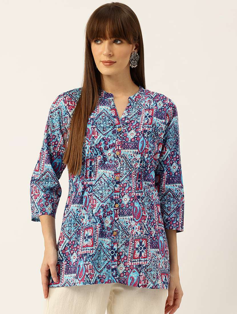 women printed mandarin neck short kurti