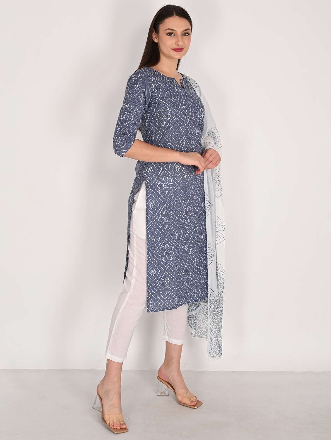 women three quarter sleeve kurta pant with dupatta set - 21930371 -  Standard Image - 2