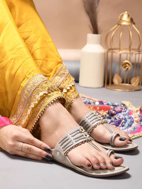 grey pu one toe kolhapuris - 21930390 -  Standard Image - 0