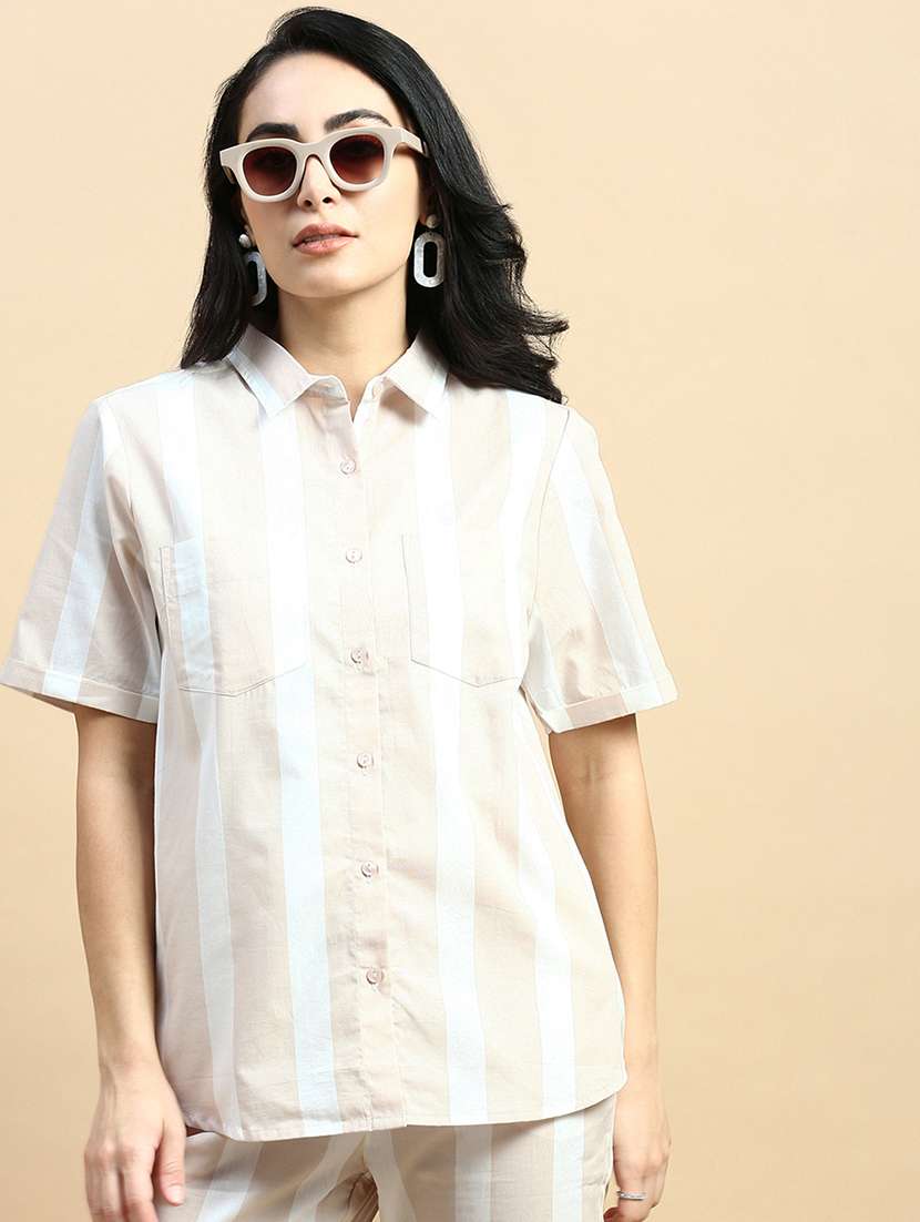 women striped collared short sleeves shirt