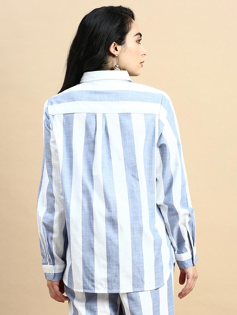 women striped collared long sleeves shirt - 21930439 - Standard Image - 2