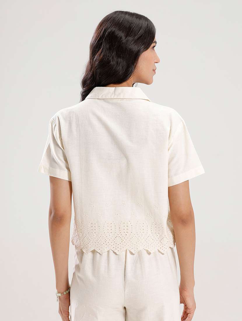 women cuban collared crop schiffli shirt - 21930440 -  Standard Image - 2