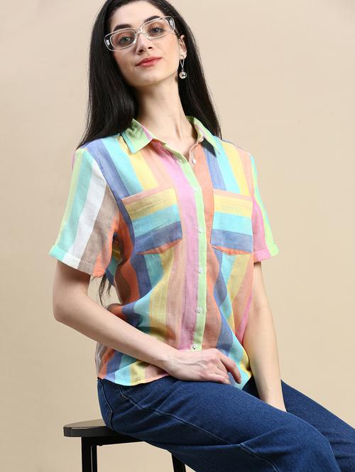women striped collared short sleeves shirt - 21930445 -  Standard Image - 0