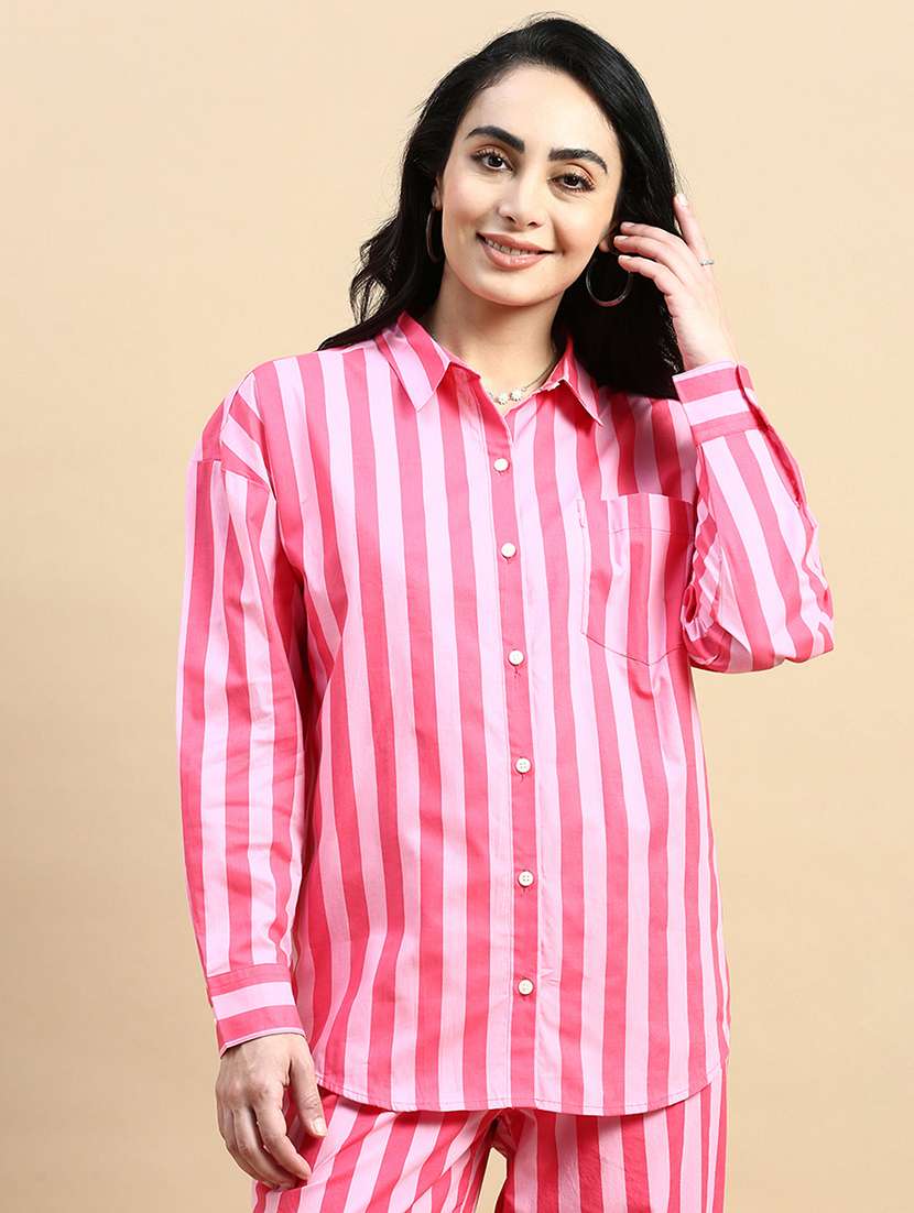women striped collared long sleeves shirt