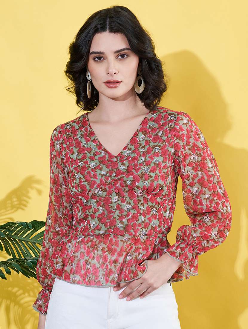 women floral printed puff sleeves peplum top - 21930642 - Zoom Image - 0