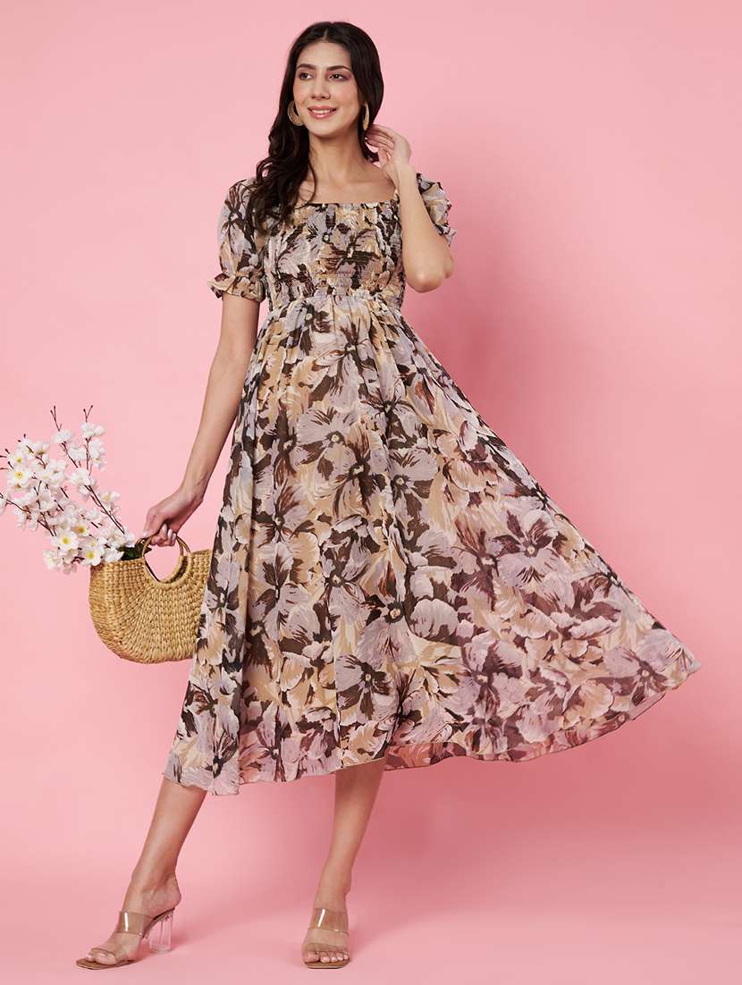 women printed puff sleeves fit & flare dress