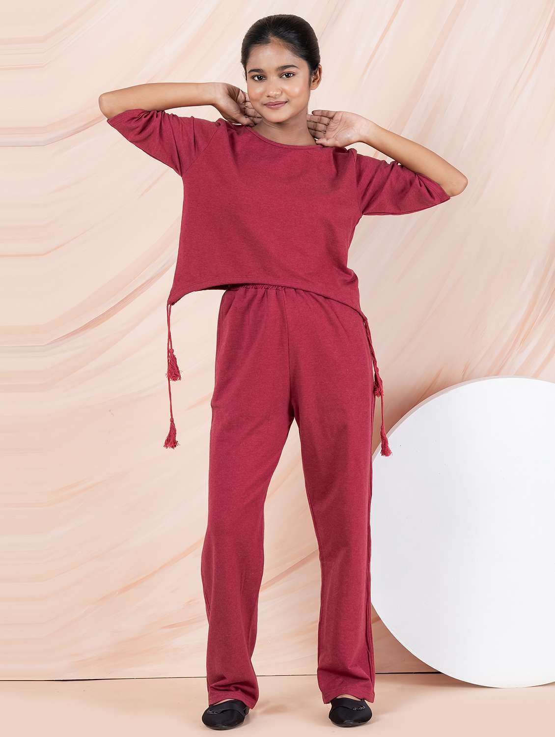 girls maroon solid top & trouser co-ords set
