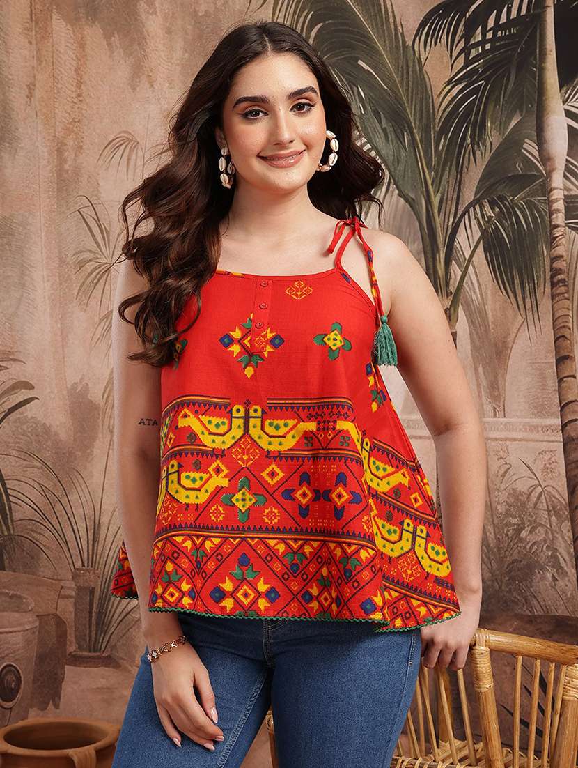 women printed shoulder strap a-line top