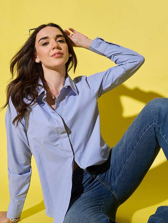 women striped collared long sleeves regular shirt